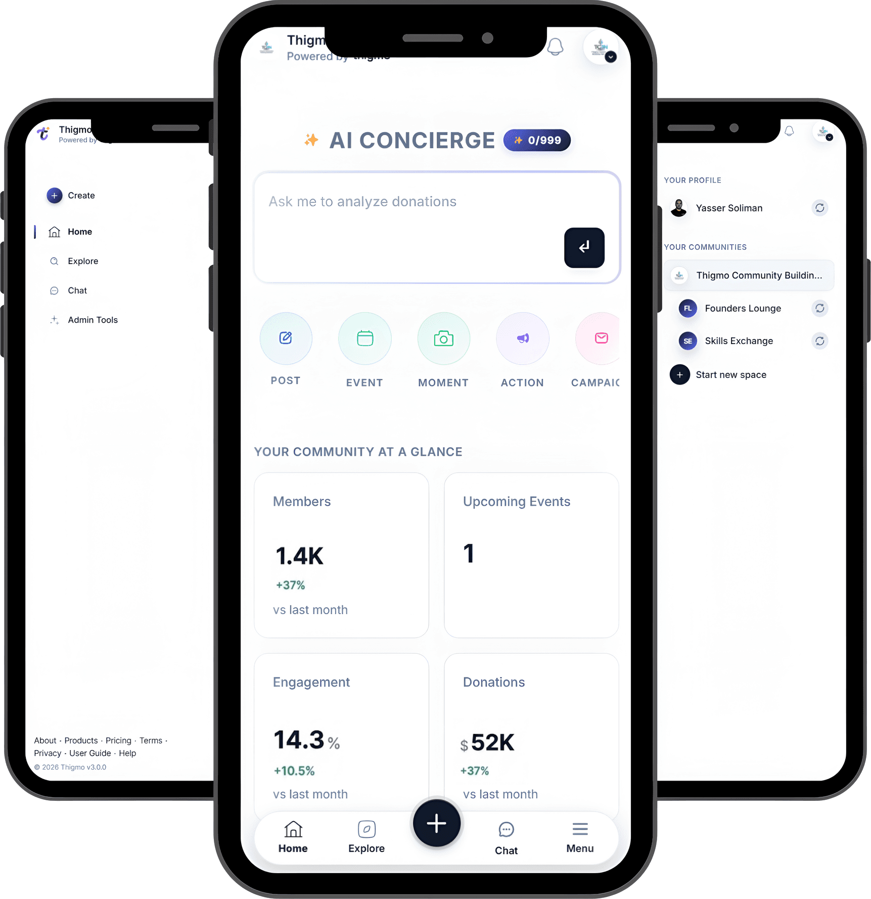 The Thigmo app showing a community feed, member chat, and communities — one place for event hosts.